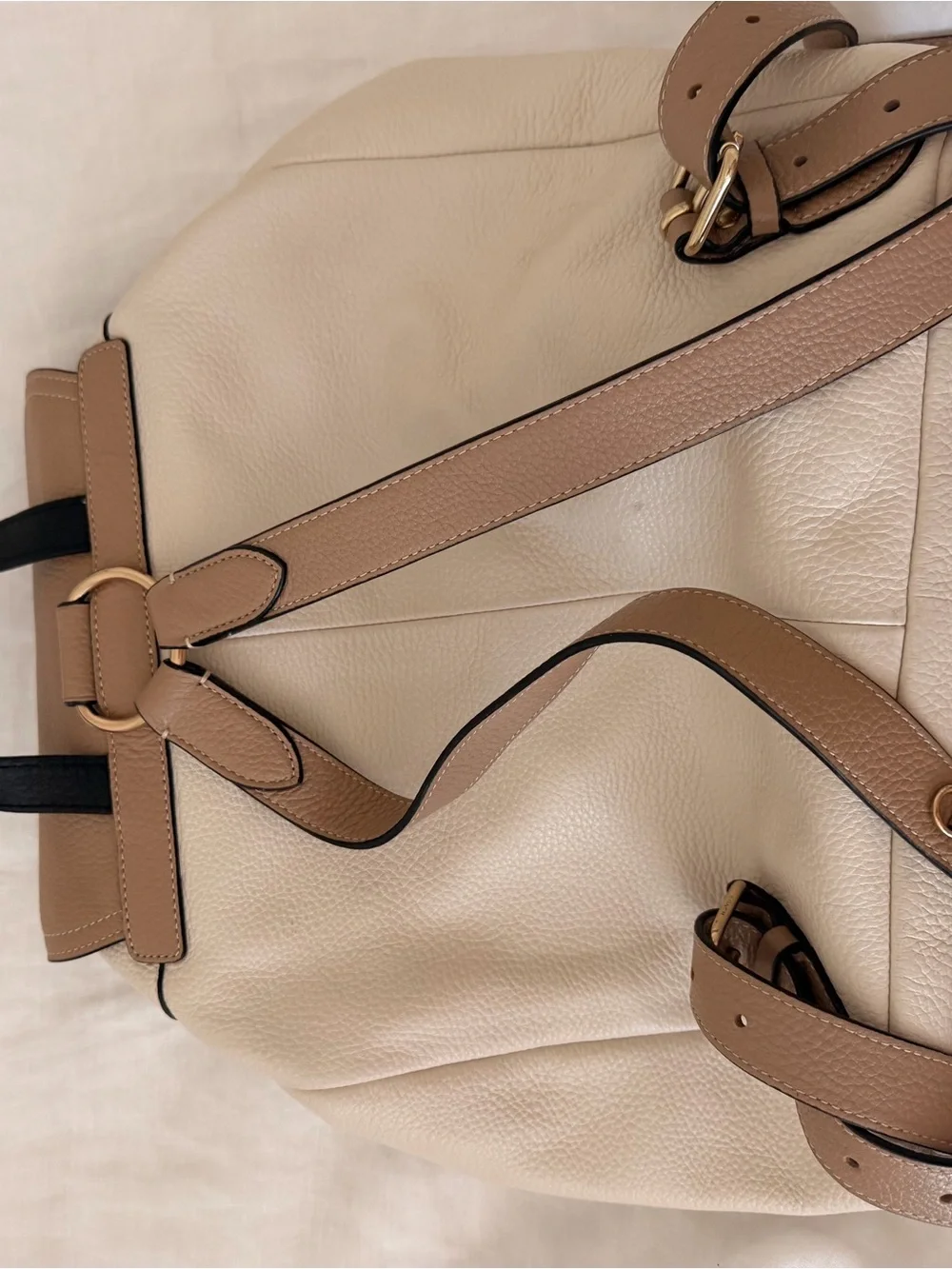 Coach Beige & Tan Leather Drawstring Backpack with Front Pockets